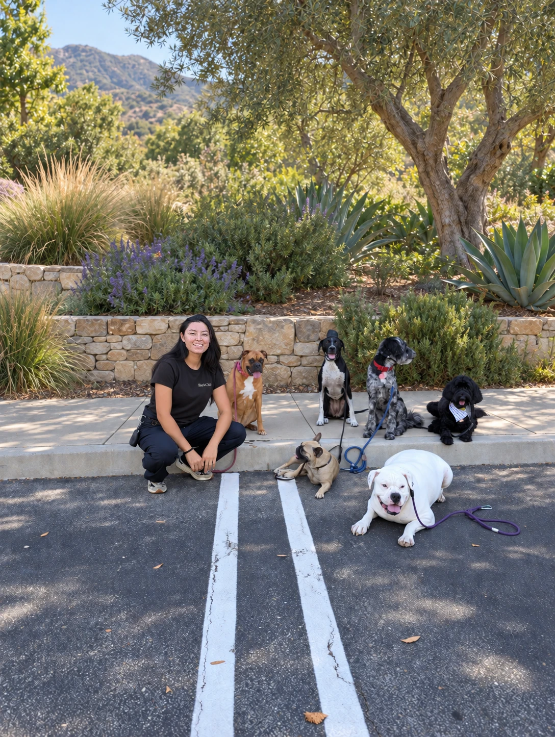 Ivanna in a BarkClub shirt with the pack in a foothill garden